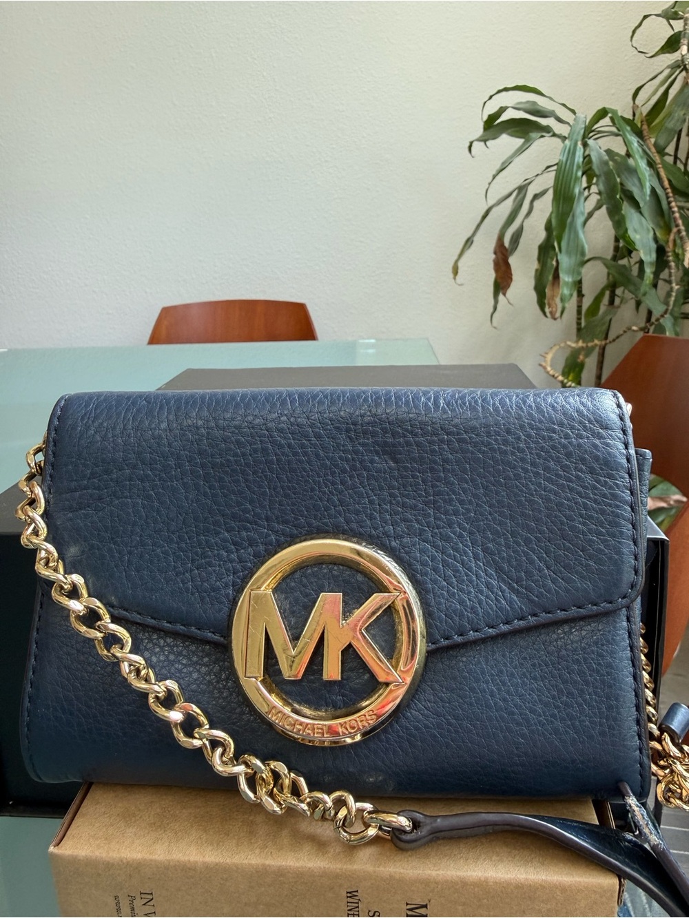 Michael Kors Navy Pebbled Leather Crossbody with Gold MK Emblem